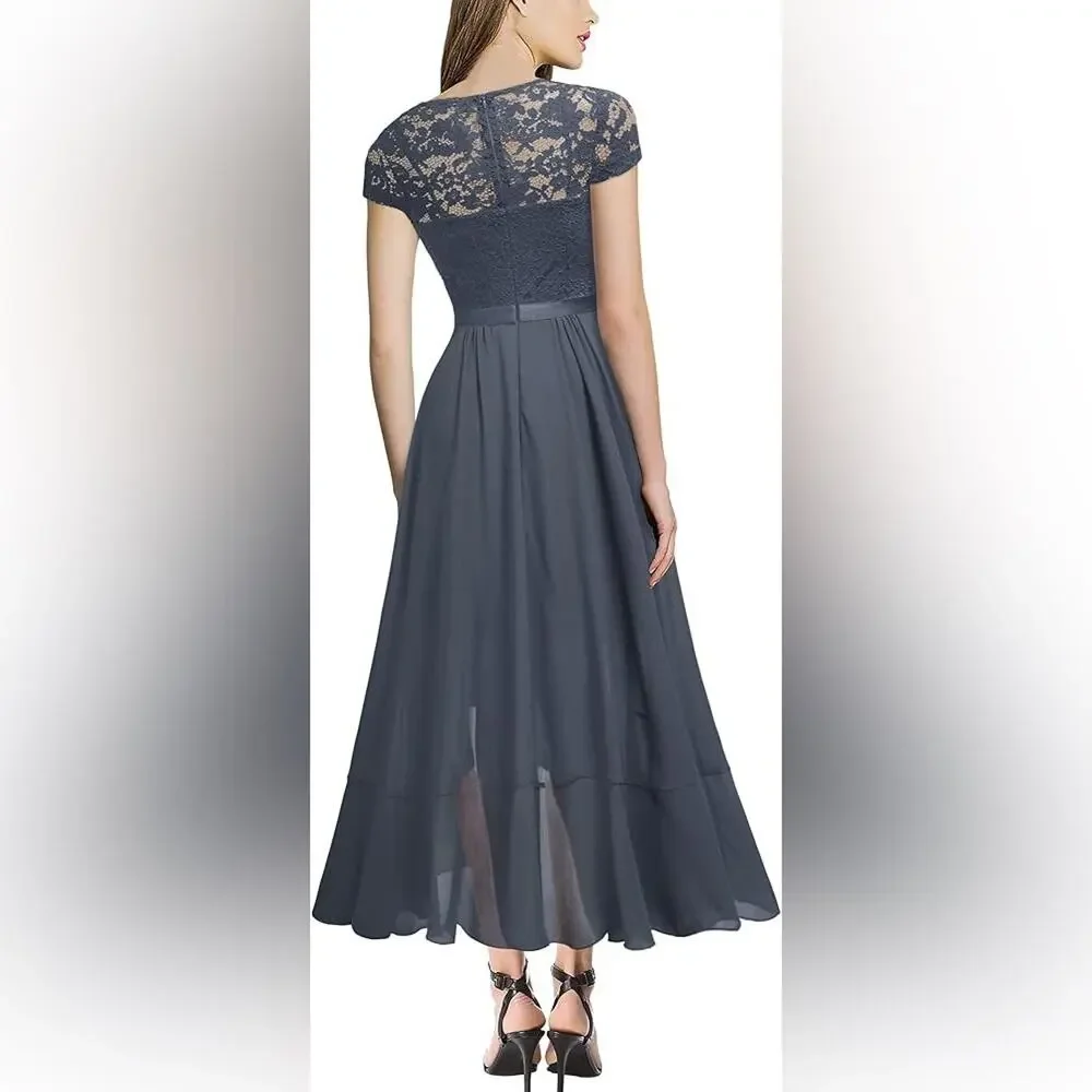 Womens Size 4-6 Dress NEW Asymmetircal Feminine Gray Formal Party Guest Midi - Picture 2 of 15